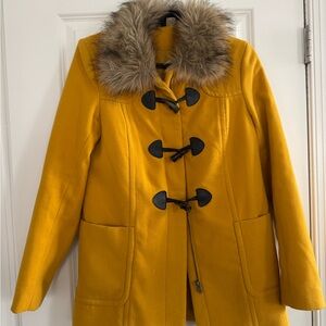 H&M Mustard Pea Coat with Faux Fur Collar